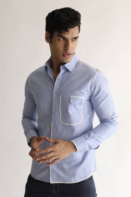 Kaha Blue Italian Cotton Plain Brunch Contrast Piping Detail Shirt 