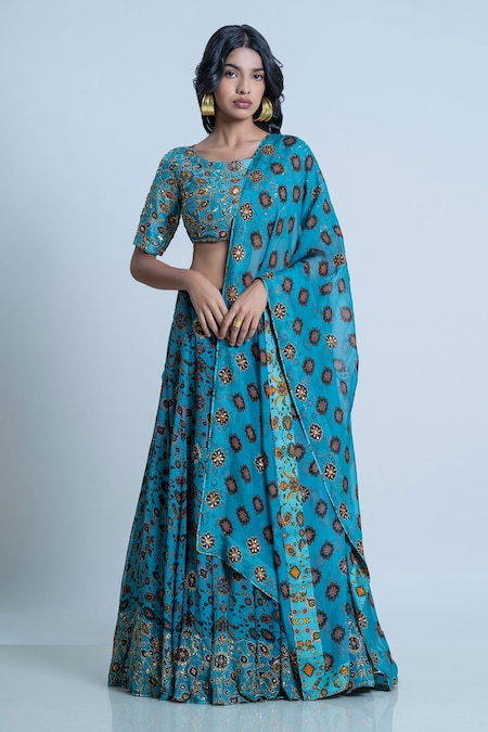 Nautanky Blue Blouse- Viscose Silk Printed Iznik Round Bridal Lehenga Set 