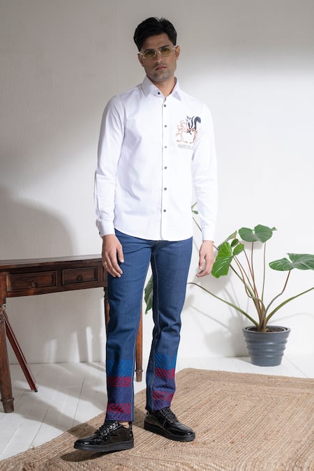 Abkasa White Cotton Embroidery Toons Shirt