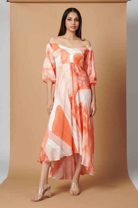 Buy Vedika M Orange Satin Abstract Pattern One Shoulder Print Off Dress at Aza Fashions Buy_Vedika M_Orange Satin Abstract Pattern One Shoulder Print Off Dress_at_Aza_Fashions