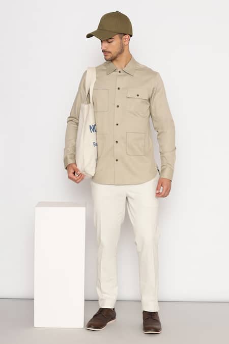 Lacquer Embassy Beige 100% Cotton Harcourt Flap Pocket Shirt 