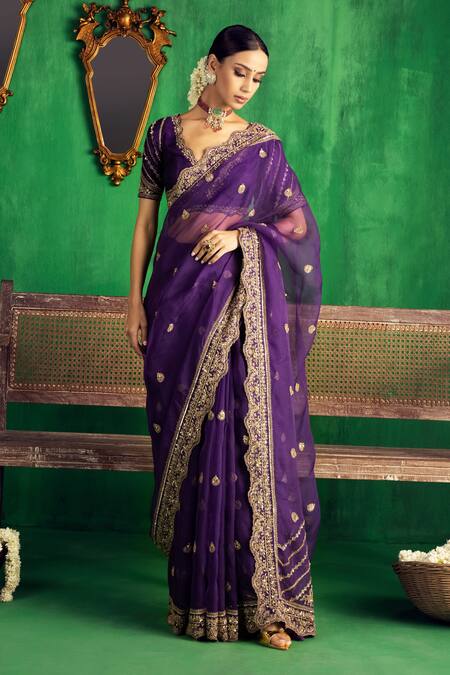 Elora Purple Silk Embellished Saree With Unstitched Blouse