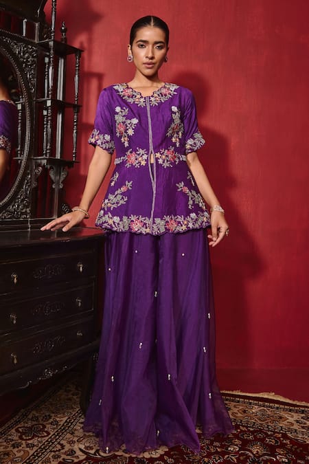 Ajiesh Oberoi Purple Dupion Silk And Organza Embroidered Floral Urvi Jacket & Sharara Set 