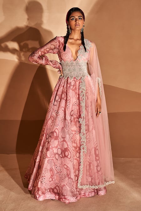 Bhumika Sharma Pink Organza Embroidery V-neck Bahaar Print Anarkali