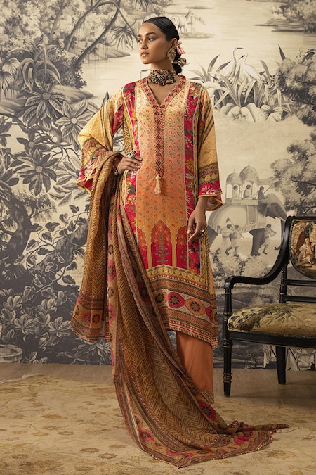 Kalista Peach Crepe Printed And Embroidered Mughal V Collar Zoya A-line Kurta Set