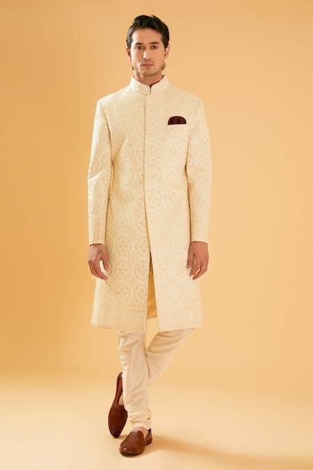 Raghavendra Rathore Blue Off White Silk Sequins Geometric Embroidered Achkan