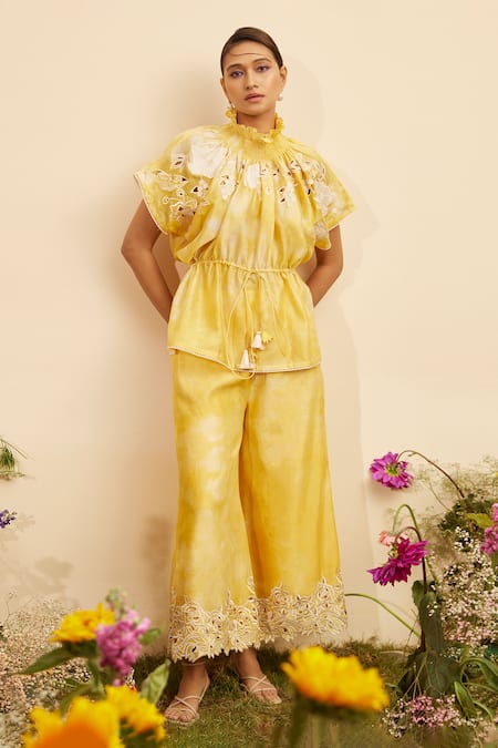 Chandrima Yellow Chanderi Embroidery Floral Cut Work Hem Culottes