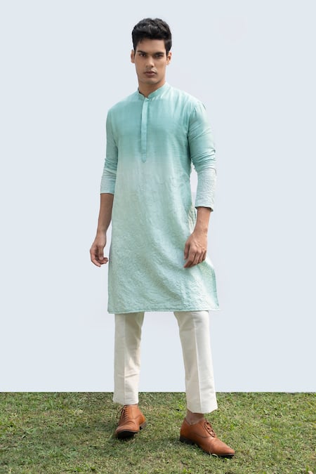 KAKA CALCUTTA Blue Kurta- Bamberg Silk Embroidery Abstract Shaded Set 