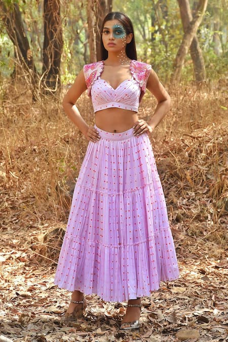 Disha Kahai Pink Crepe Printed Polka Dots Sweetheart Lehenga Set With Embroidered Jacket 