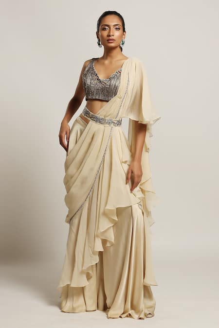 Sejal Kamdar Beige Organza Embroidery Cutdana Scallop Ruffle Pant Saree With Blouse 