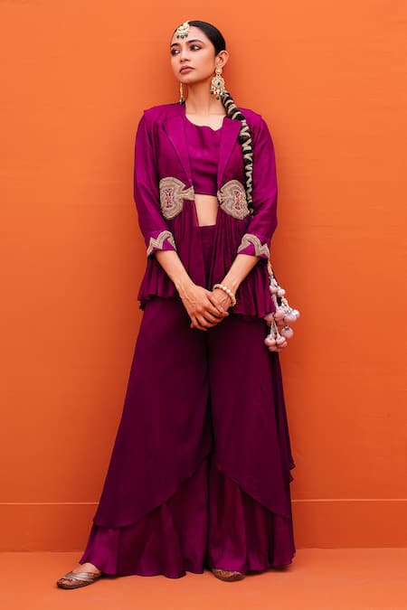 Kesar Studio Purple Silk Embroidery Round Neck, Mandarin Peplum Jacket Layered Sharara Set 