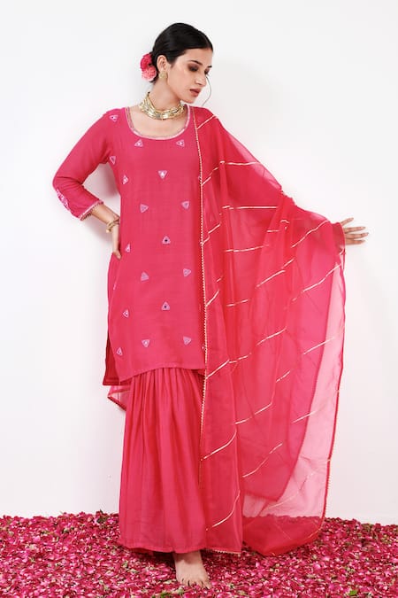 Label Flamingo By Vrinda Pink Cotton, Silk, Organza Pearls, Sequins, Mirror Embellished Kurta Sharara Set 