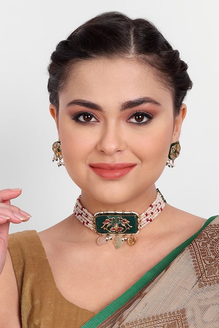 Shop Auraa Trends Green Stones, Pearls, Embroidery Multi-layered Beaded Choker Set at Aza Fashions Shop_Auraa Trends_Green Stones, Pearls, Embroidery Multi-layered Beaded Choker Set _at_Aza_Fashions