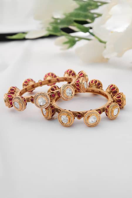 Zevar By Geeta Gold Plated Diamonds, Stones Kundan Embellished Kadas - Set Of 2 