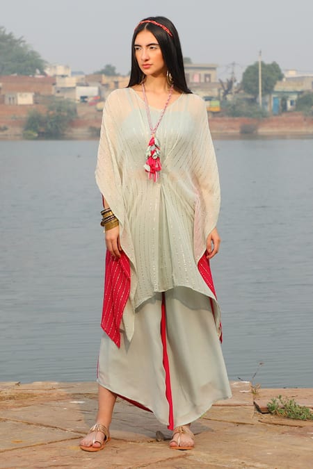 Enech Stripe Pattern Kaftan & Asymmetric Pant Set 