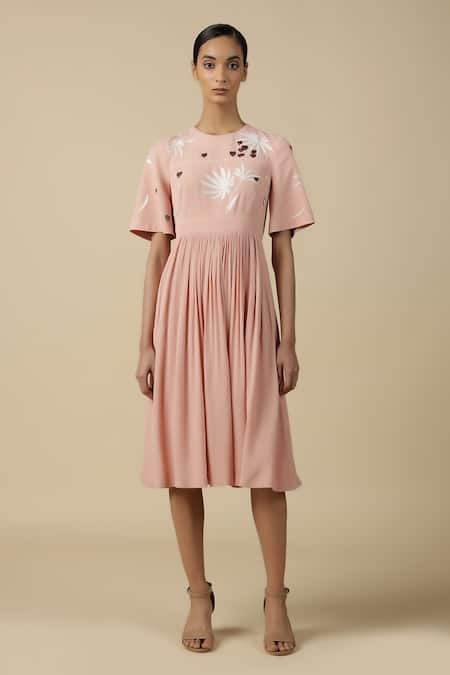Shahin Mannan Peach Viscose, Crepe Embroidery Round Neck Leaf And Fruit Gathered Dress