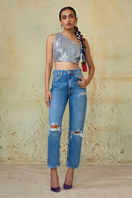 Style Junkiie Sequinned One Shoulder Crop Top 