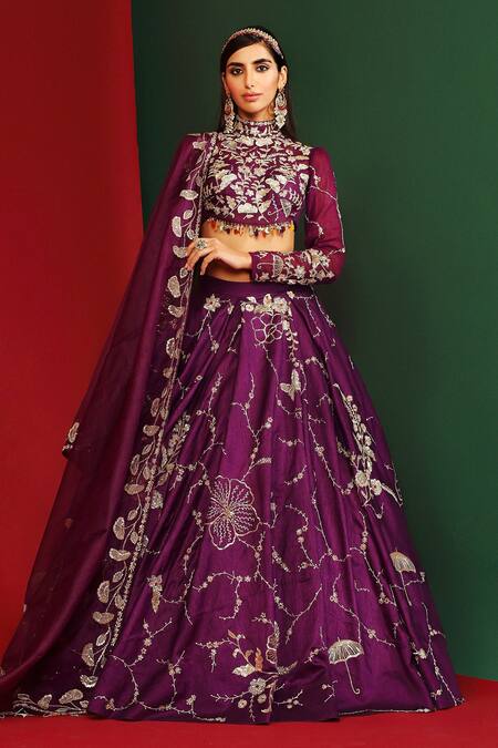 Mahima Mahajan Wine Raw Silk Embroidered Floral Pattern Band Alyssa Bridal Lehenga Set