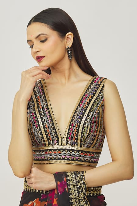 Nazaakat by Samara Singh Black Silk Embroidered Thread Plunge V Neck Blouse