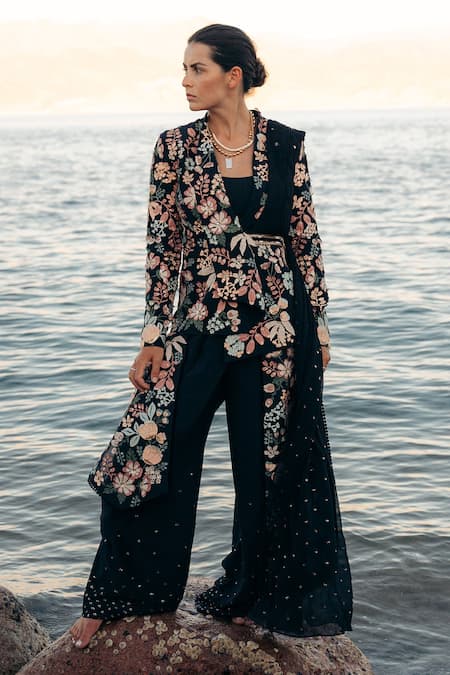 Sahil Kochhar Black Crepe Embroidered Floral Kanishq Draped Jacket And Dhoti Pant Set  