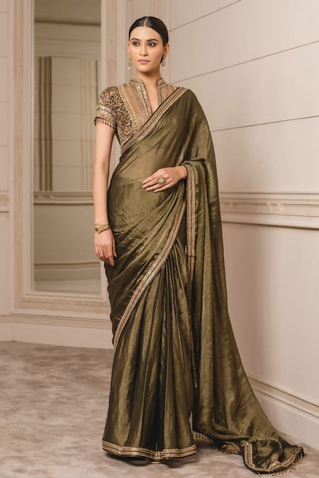 Tarun Tahiliani Green Blouse Fabric - Silk Dupion Embroidered Border Saree With 