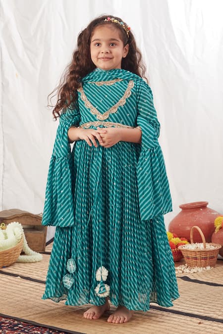 Vivedkids Blue Chiffon Applique, Sequins Leheriya Stripe Pattern Anarkali With Dupatta