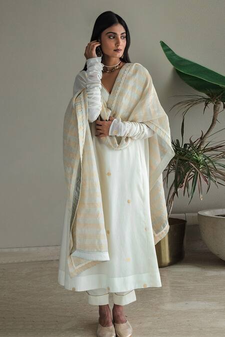 Shorshe Clothing_Ivory Cotton Embroidery V-neck Anu Polka Dots Woven Kurta And Pant Set_Online_at_Aza_Fashions