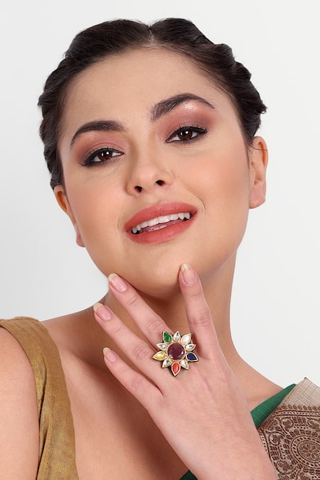 Shop Auraa Trends Multi Color Diamonds, Stones Floral Shape Embellished Ring - Single Pc at Aza Fashions Shop_Auraa Trends_Multi Color Diamonds, Stones Floral Shape Embellished Ring - Single Pc _at_Aza_Fashions