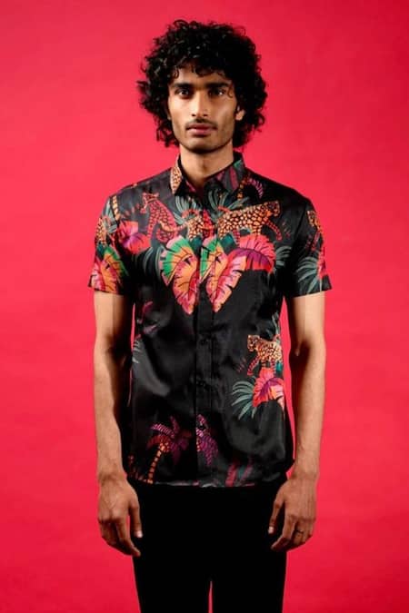 Shop Sanjana Reddy Designs Black Cotton Tropical Print Shirt at Aza Fashions Shop_Sanjana Reddy Designs_Black Cotton Tropical Print Shirt _at_Aza_Fashions