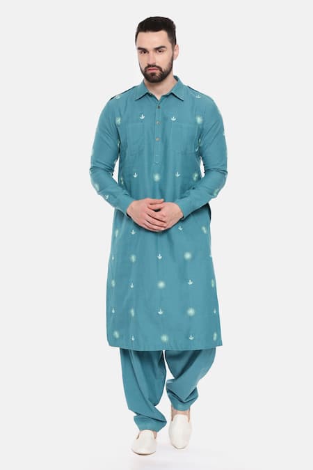 Mayank Modi - Men Blue Malai Cotton Embroidered Thread Kurta And Pant Set
