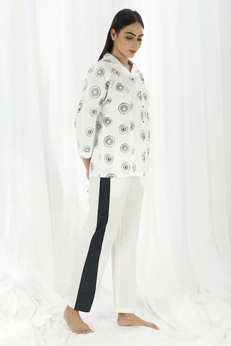 Khat White Cotton Collared Circular Print Shirt And Pant Set 
