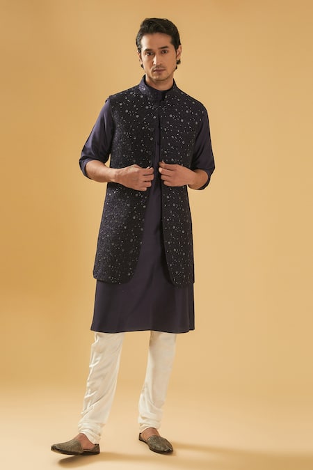 Raghavendra Rathore Blue Navy Flower Embroidered Bundi Jacket 