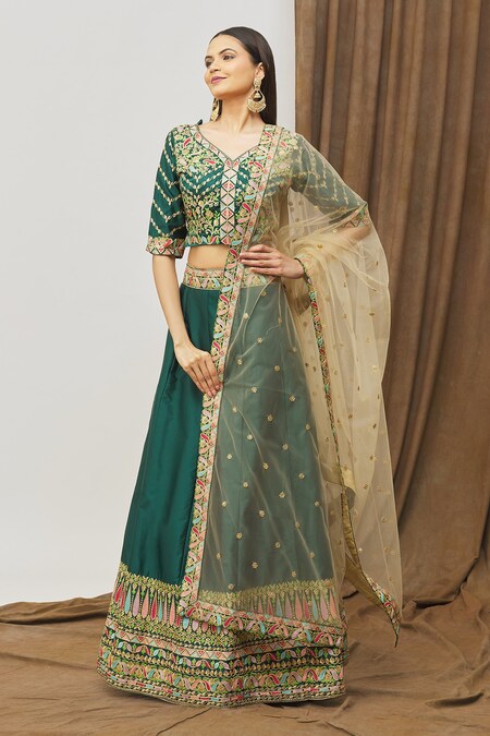 Green and GoldToned Sequinned Semi stitched Lehenga and Unstitched Blouse  With Dupatta - ShopGarb - 3762959