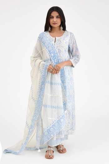 Buy Kora Blue , Satin, Chanderi Gota Patti, Ikat Printed Kurta Set at Aza Fashions Buy_Kora_Blue , Satin, Chanderi Gota Patti, Ikat Printed Kurta Set _at_Aza_Fashions