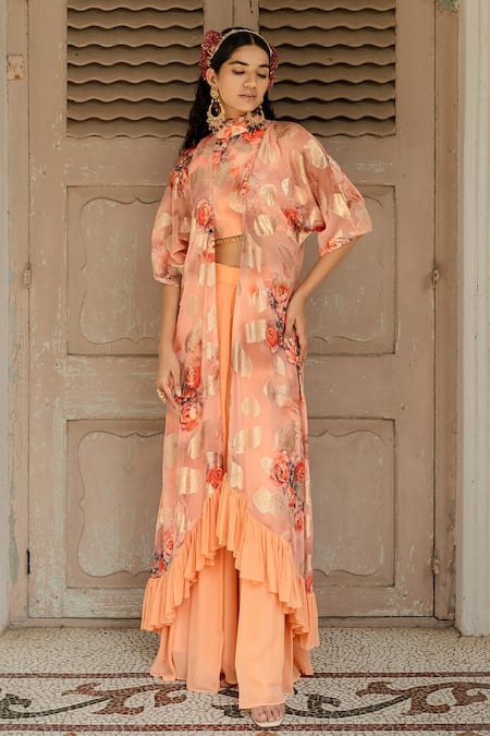 Amrin khan Floral Print Jacket And Pleated Pant Set 