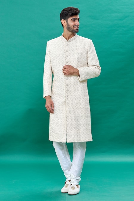 RNG Safawala Raw Silk Mandarin Collar Sherwani Set 