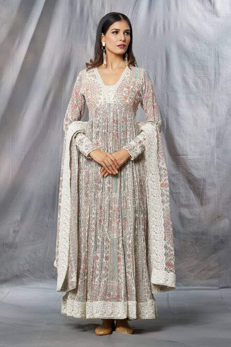 Aksh_Ivory Georgette, Taffeta Lace, Mirrors, Madhubani Print Anarkali With Dupatta_at_Aza_Fashions