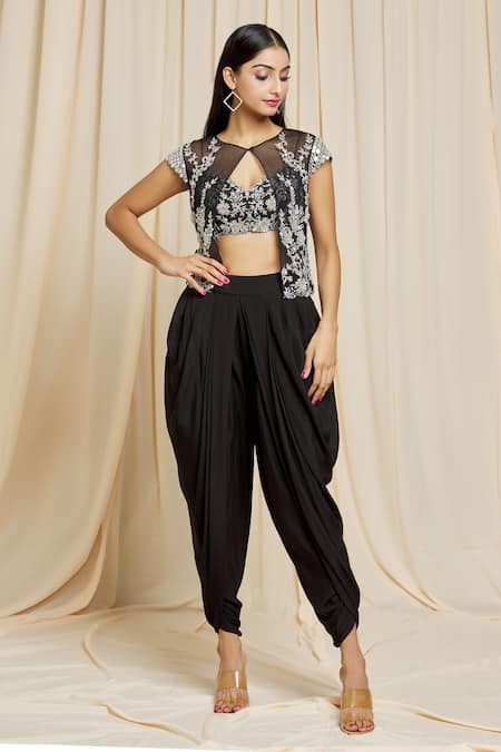 Ebony Black Dhoti And Peplum Top With Hand Embroidery And Lehariya Print  Online - Kalki Fashion | Dhoti pants, Dhoti, Peplum top