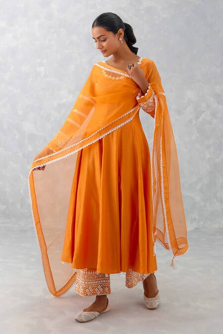 Devnaagri_Orange Organza, Satin, , Chanderi Embroidery Anarkali Palazzo Set _at_Aza_Fashions