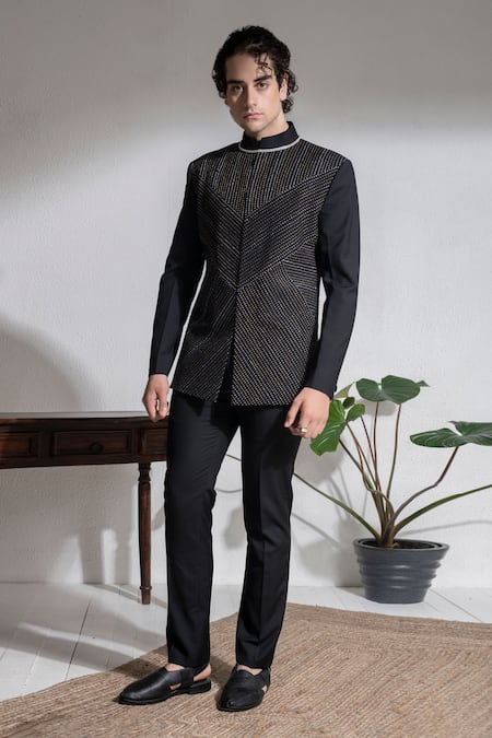 Abkasa Black Terrycloth Embroidery Galle Geometric Bandhgala And Trouser Set 
