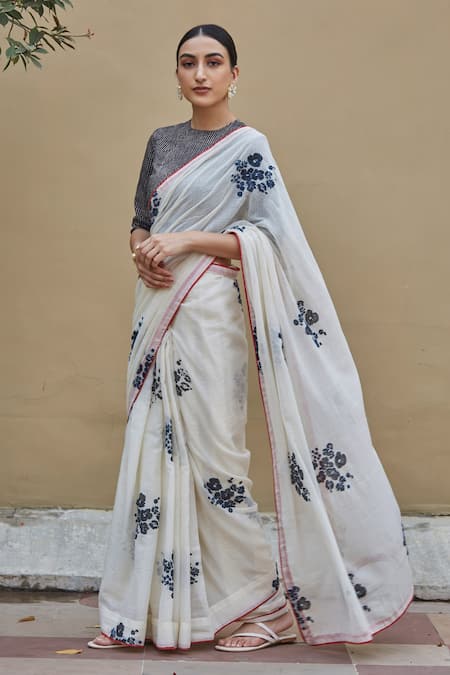 Fashionable Floral printed Organza White Saree - Evilato