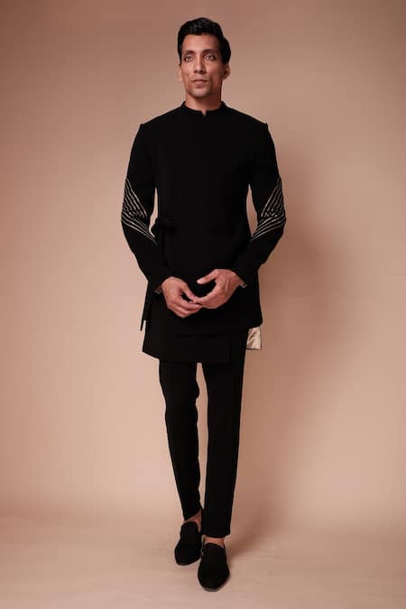 Tisa - Men Black Viscose Polyester Embroidered Asymmetric Tie-up Bandhgala Set 