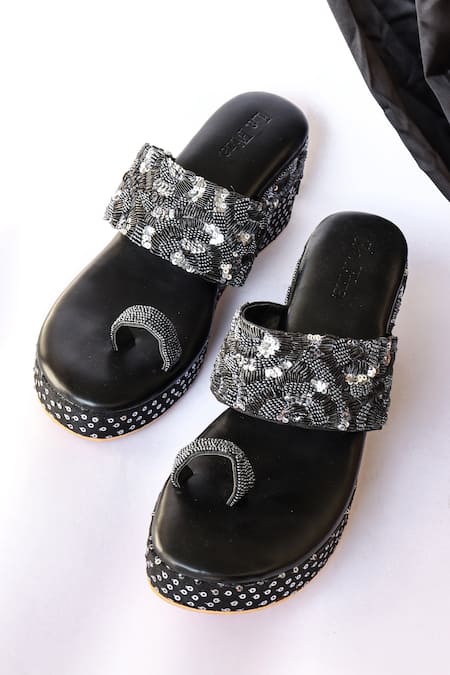 La Fiza Black Embroidery Aizah Bead Wedges 