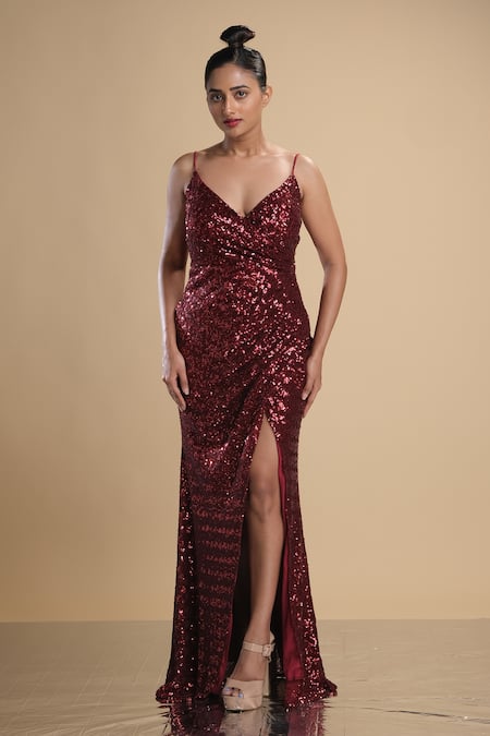 Kommal Sood Maroon Lycra Stretch Net Embroidered Sequins V Neck Spaghetti Gown  