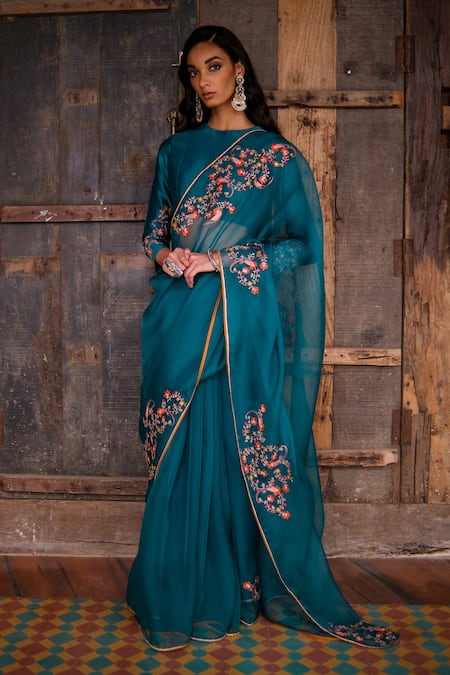 Shikha Mehta Green Saree  Silk Organza Embroidered Thread High Neck Set