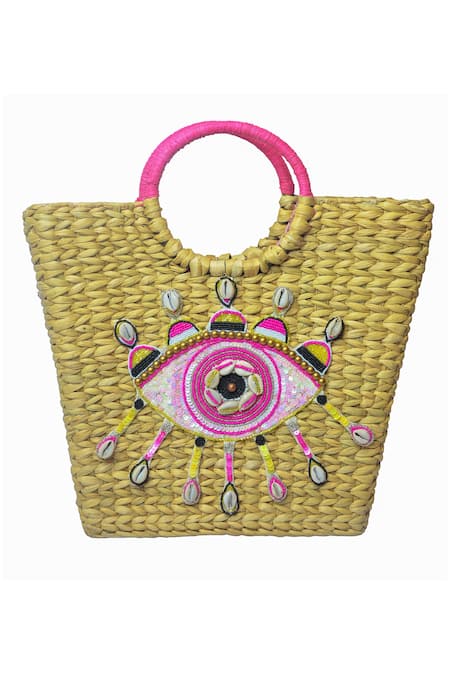 GINN AND TONIK Beige Sequin Embellished Evil Eye Woven Beach Bag 