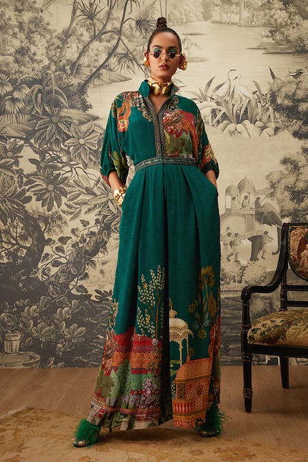 Kalista Green Crepe Printed Mughal Spread Collar Seinna Jumpsuit 