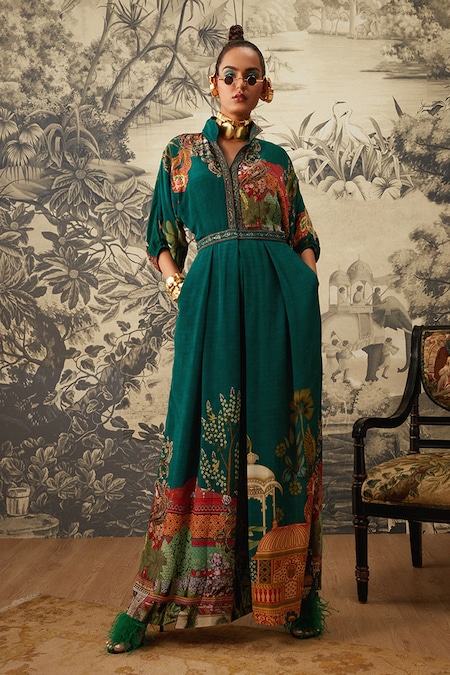 Kalista Green Crepe Embroidery Collared Seinna Mughal Print Jumpsuit 