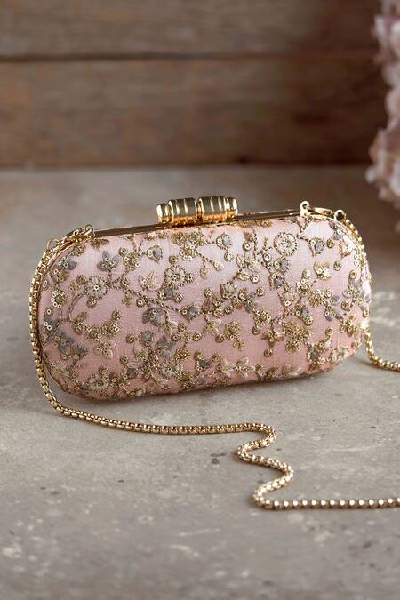 Buy Amyra Peach Embroidery, Sequins Elan Silk Capsule Clutch at Aza Fashions Buy_Amyra_Peach Embroidery, Sequins Elan Silk Capsule Clutch_at_Aza_Fashions