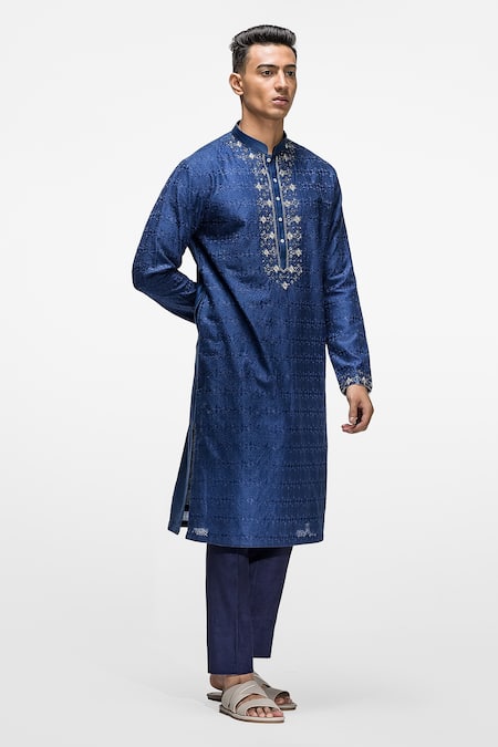 Buy Asuka Blue Chanderi Silk Embroidery French Knots Kurta Set at Aza Fashions Buy_Asuka_Blue Chanderi Silk Embroidery French Knots Kurta Set _at_Aza_Fashions